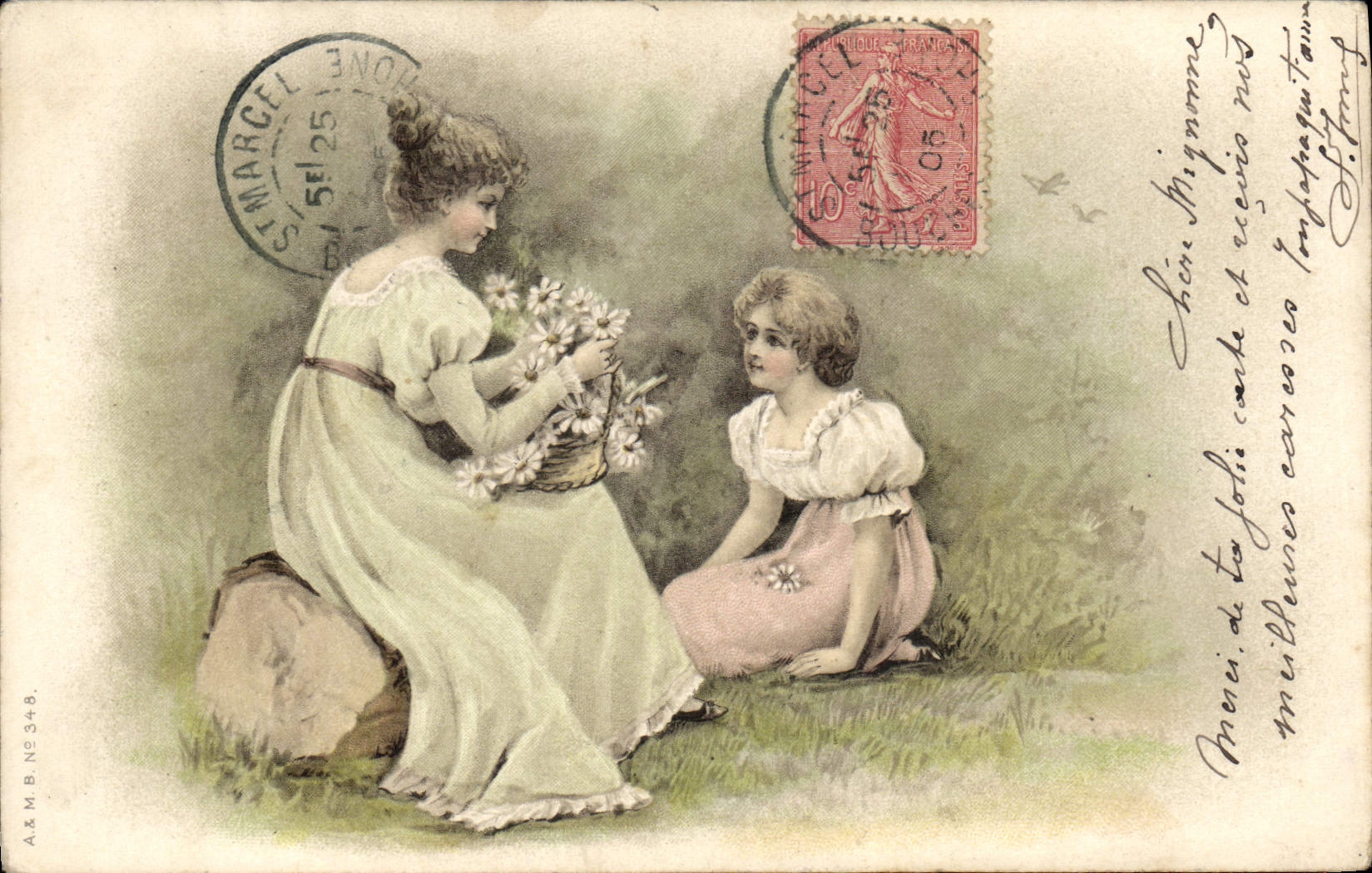 Deux jeunes filles dans un jardin — A.&M.B. N°348 — éditeur A.&M.B.