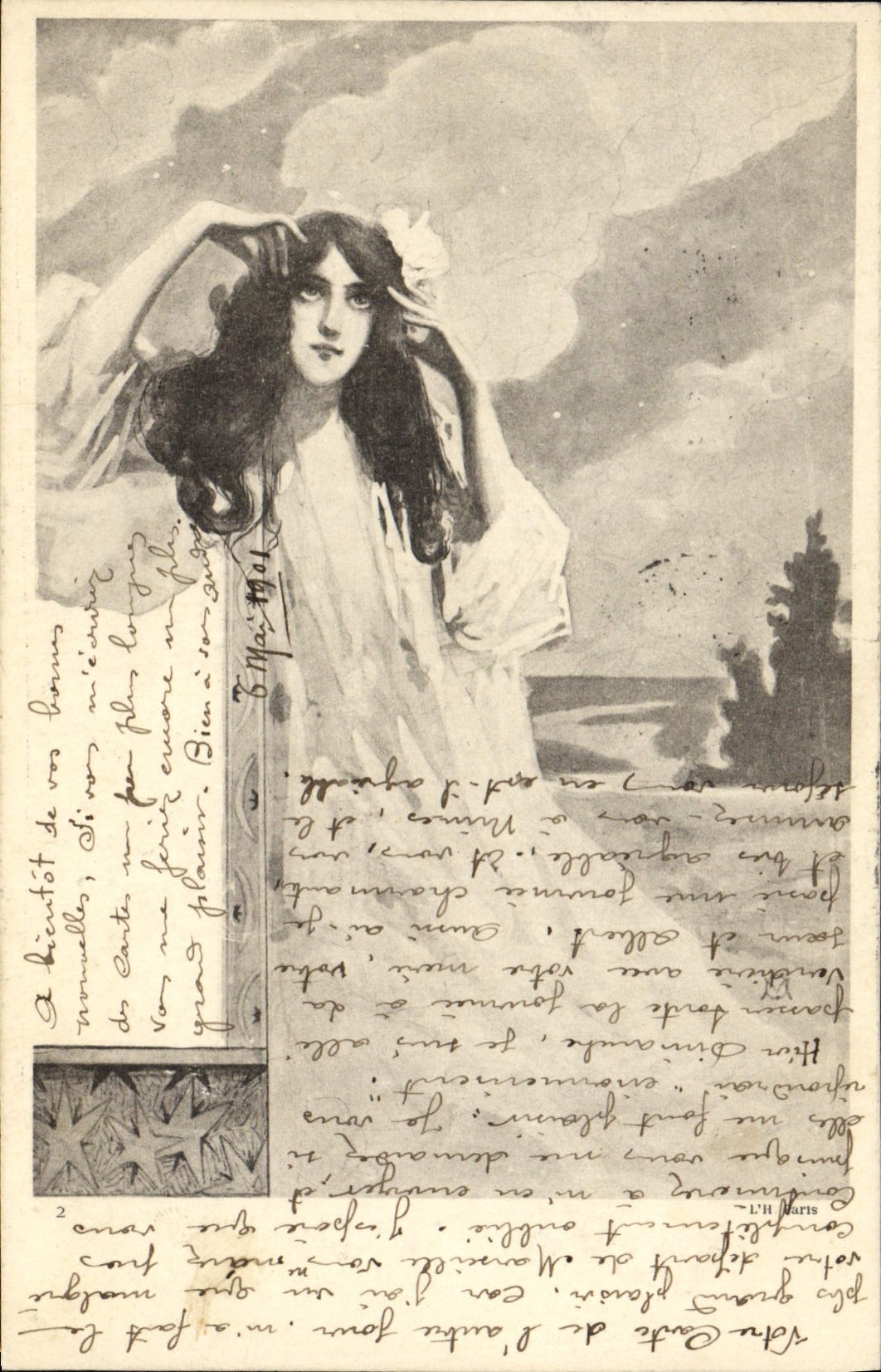 Femme en robe blanche — scène nocturne — L'H Paris
