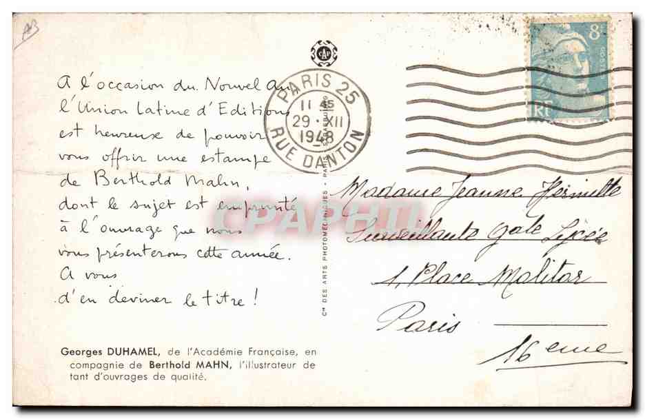 CPA Georges Duhamel de l'Academie Francaise en compagnie de Berthold Mahn — Achterkant