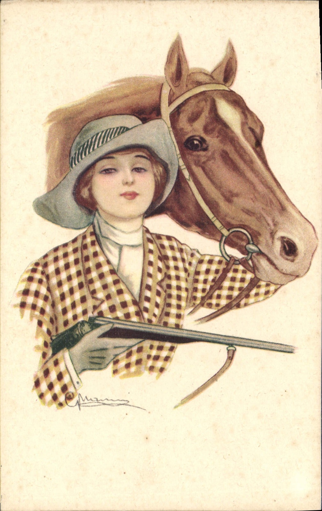 Jeune femme à cheval — chasseuse avec fusil — dessin de C. Muzzare — série 48-5