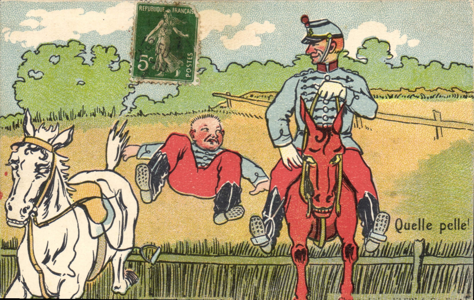 Soldat français et homme allongé — caricature humoristique — Juppé & Cie, Paris