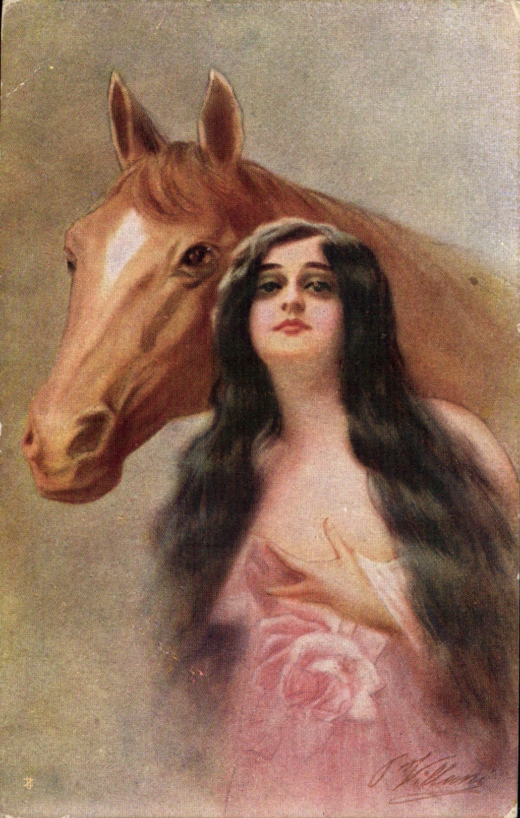 Jeune femme et cheval — illustration — J. Williams