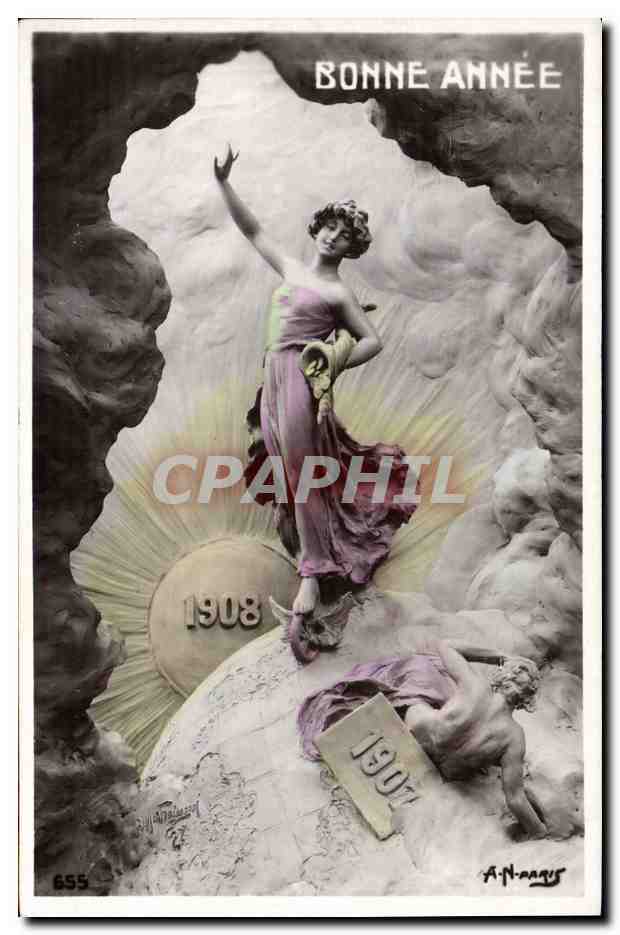Femme déesse sur globe — Bonne Année 1908 — A. N. Raquès, n° 655