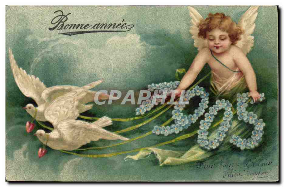 Ángel y palomas — Buen año — editor anónimo, número de serie no visible