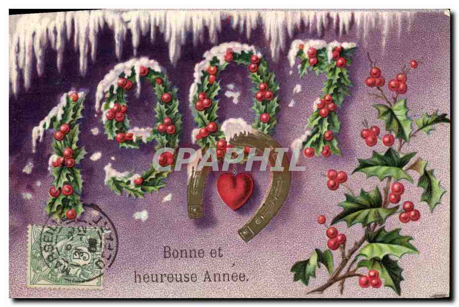 Annonce de l'année 1907 — houx et glace — éditeur non visible
