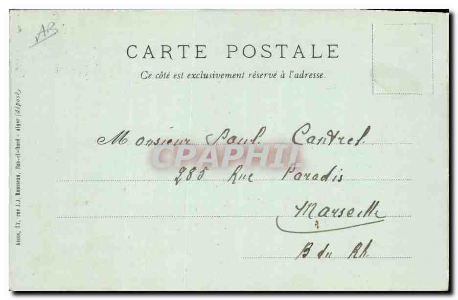 Boumne anni boumne santi por tote l'anni! — Caricature d'un homme tenant un bouquet de roses — Assus, 1906 — Verso