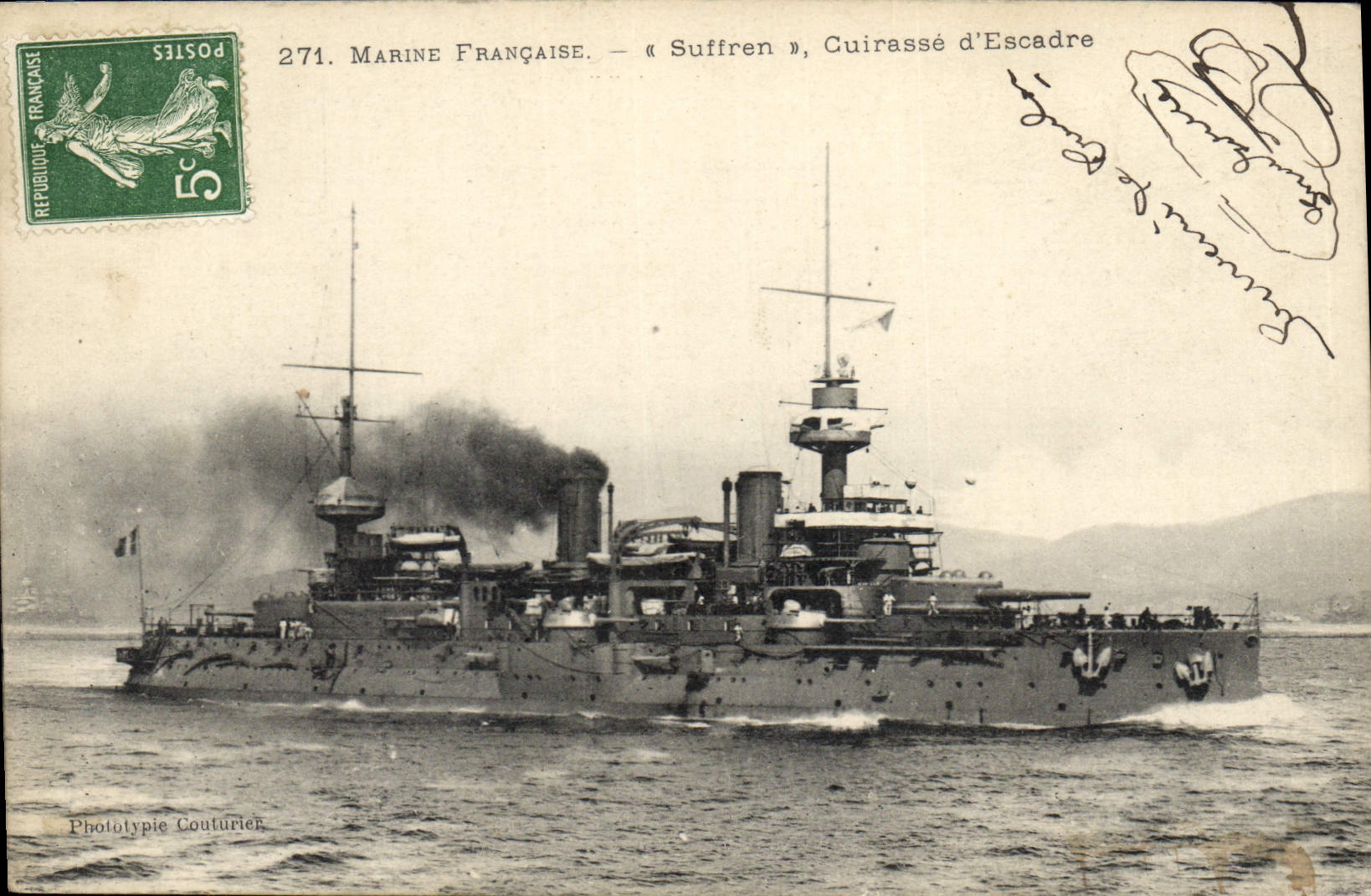 « Suffren », Cuirassé d'Escadre — Marine Française — Phototypie Couturier, n° 271