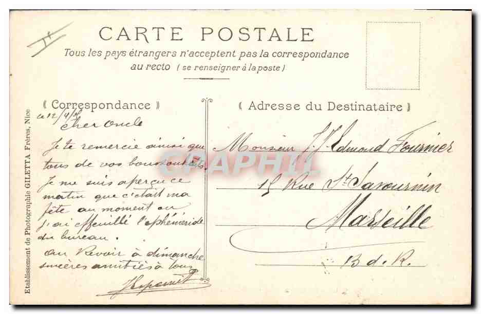 La « Sarbacane », contre-torpilleur — Inspection à bord — Édit. Giletta, phot. Nice, n° 3233 — Verso