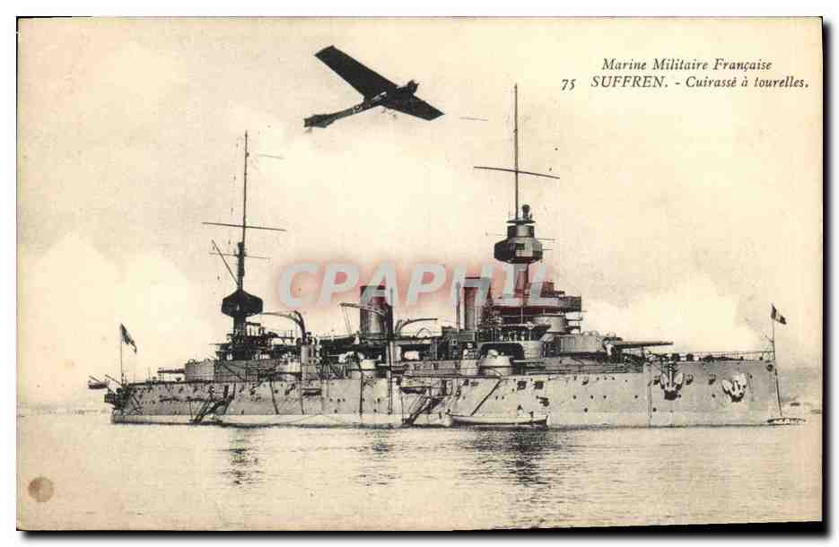 CPA Bateau de Guerre Suffren Cuirasse a tourelles Avion Aviation 