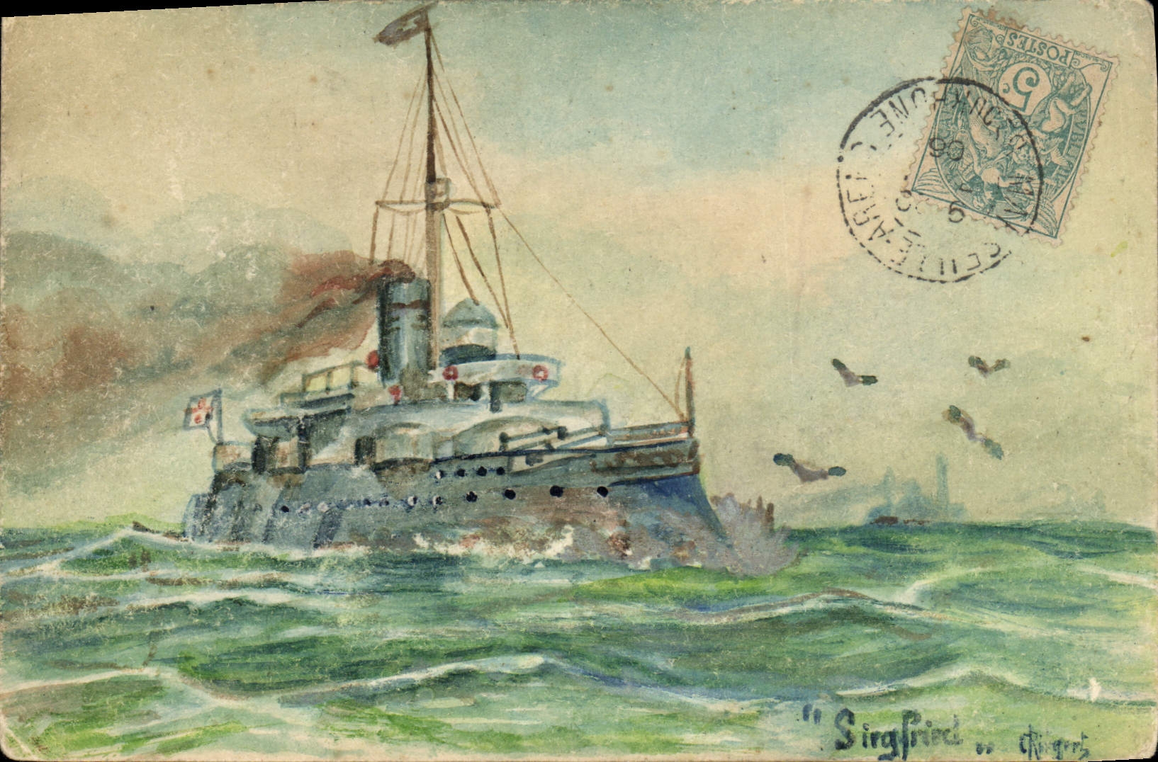 CPA Bateau de Guerre Sirgfried Siegfried (peint a la main) 