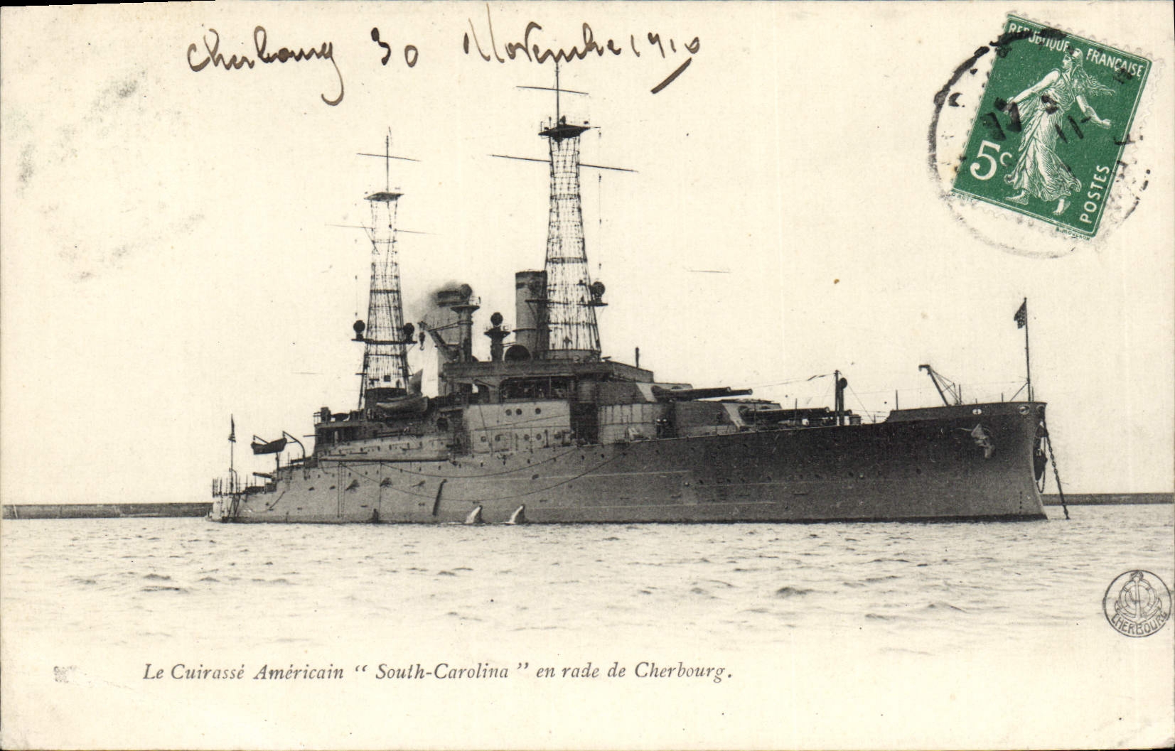 CPA Bateau de Guerre Le cuirasse americain South Carolina en rade de Cherbourg