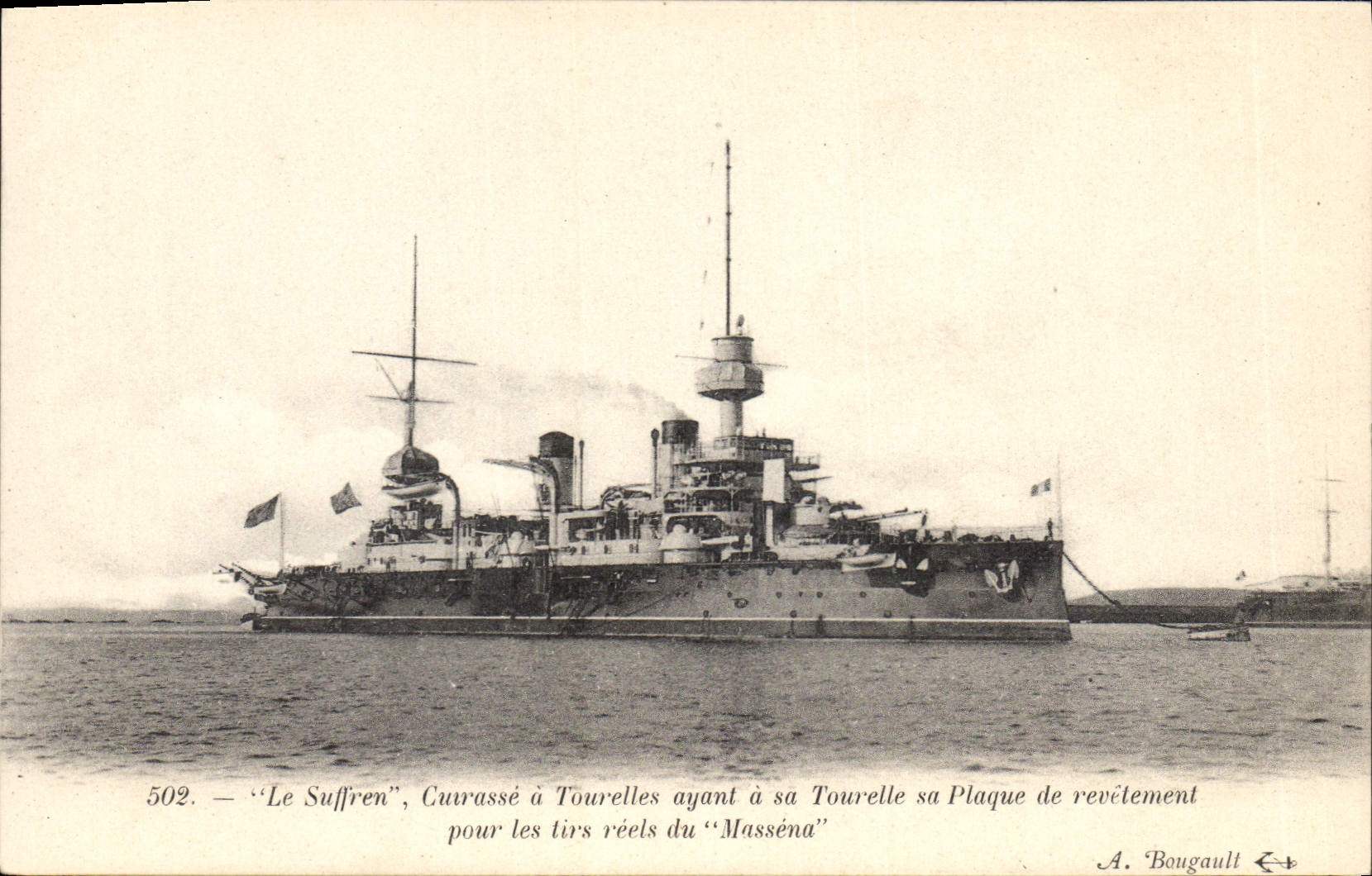 CPA Bateau de Guerre Le Suffren Cuirasse a tourelles ayant a sa tourelle sa plaque de revetement pour les tirs reels du Massena 