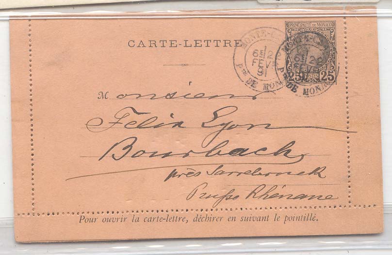 Monaco entier 25c de 1891 oblitere (stationary) Rare