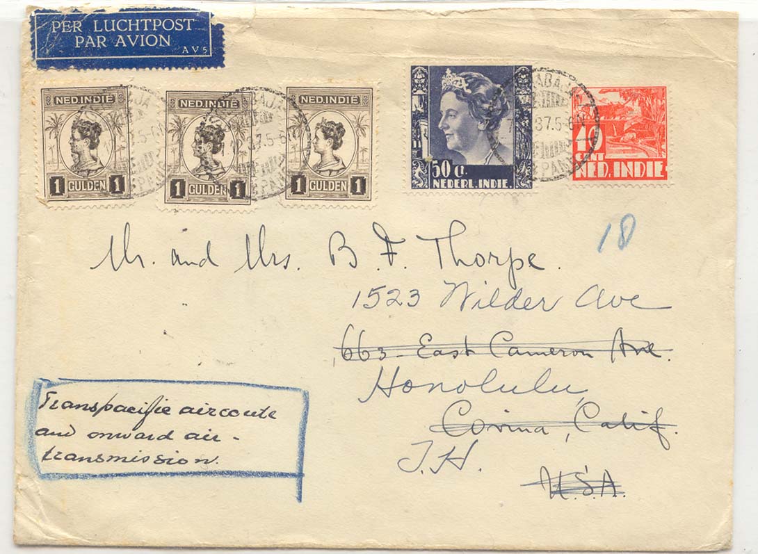 Dutch Indies 1937 Cover from Soerabya Java DEI via KLM to Bangkok via Imperial Ariways 5Muller 54 to Hong Kong to US