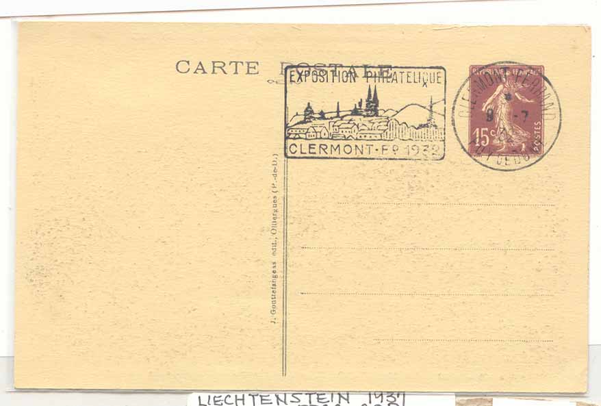France Entier postal Semeuse 15 c Cachet rare Clermont Ferrand Expo philatelique 1932 (Sancy Mont Dore)