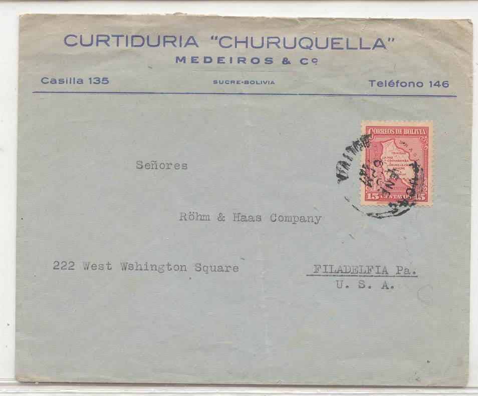 Bolivia 1936 (jan) Chacho war censor on the reverse of the envelope going to Philadelphia Very scarce military Bolivia
