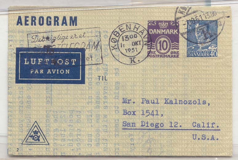Denmark ALS Z LF 4 4 1951 (statonary aerogram aerogramme entier)