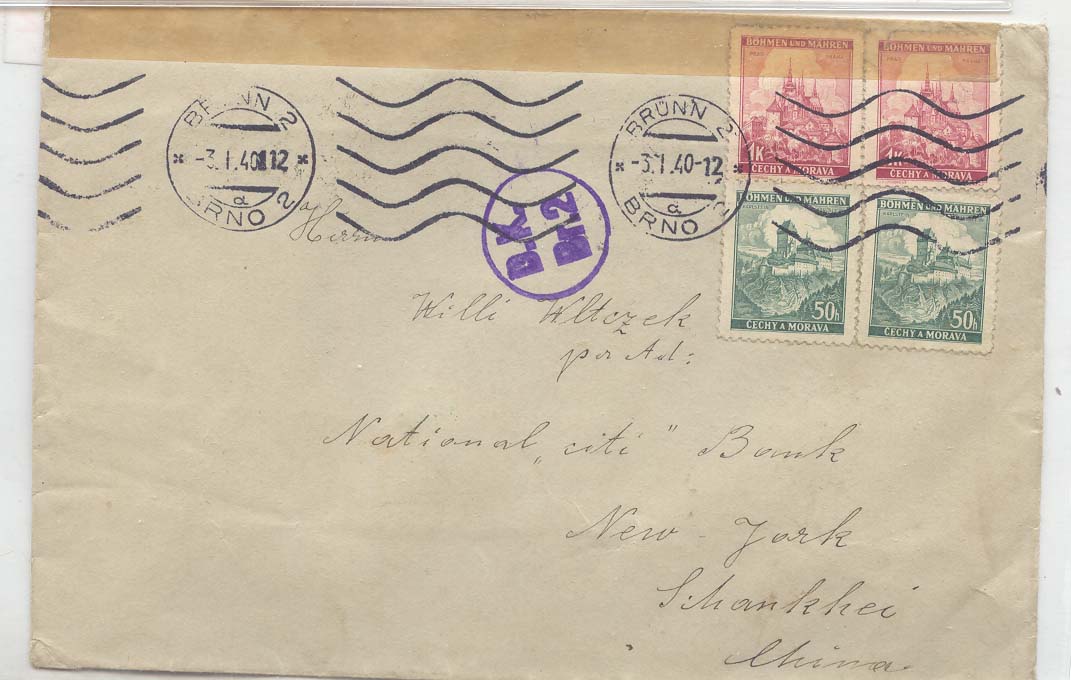 Bohemia & Moravia 1940 DK Br 2 in circle and currency inspection labels on reverse in Czech and French Very scarce cover