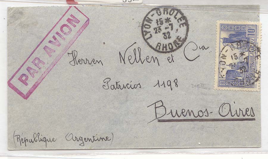 France La Rochelle 10f bleu SEUL sur lettre de 1932 Lyon pour Argentine (cover argentina)