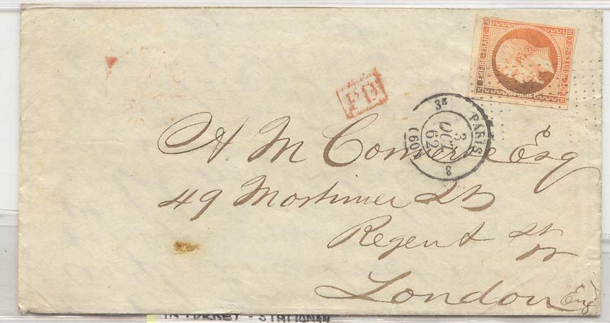 France Belle lettre avec 40c Napoleon 40c et grille Pointile Fin Paris 1862 pour Londres (cover gret Britain)