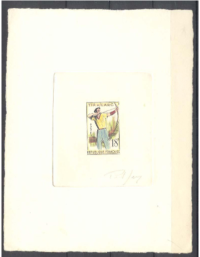 France EPReUVE D'ArTISTE timbre Archer (yvert 1163) signe par l'artiste RaRe (tir a l'arc proof)