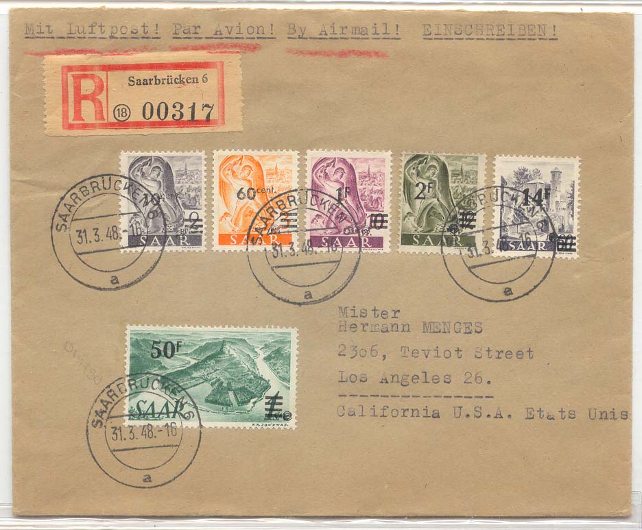 Saar Lettre pour les USA Air mail cover for USA 1948 (saarland sarre) Rare