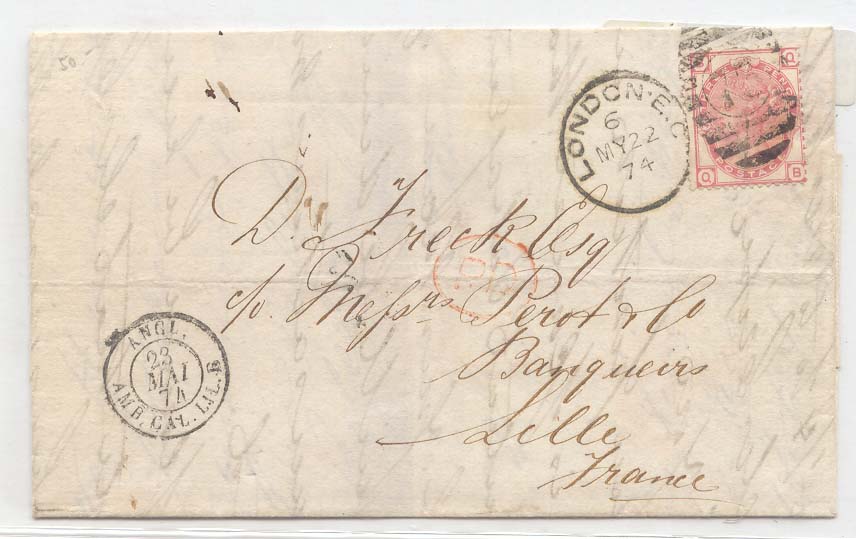 Great Britain 1874 cover with SG # 144 plate N°14 to France (to Lille)