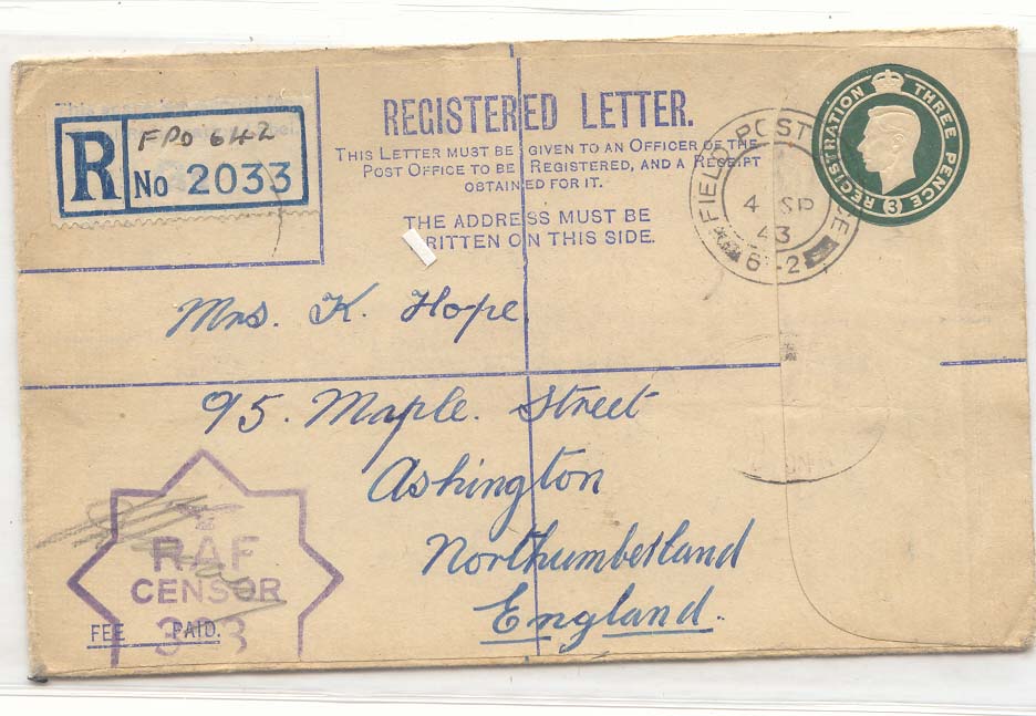 Great Britain British Field Post registration enveloppe RaF 1943
