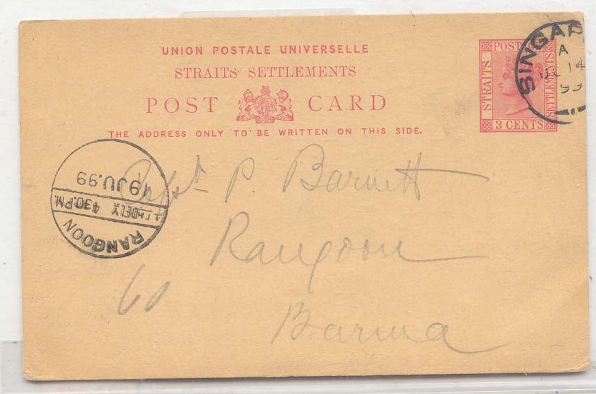Straits Settlements 1899 singapore to Burma Stationary (Malaysie Malaysia Singapour entier)