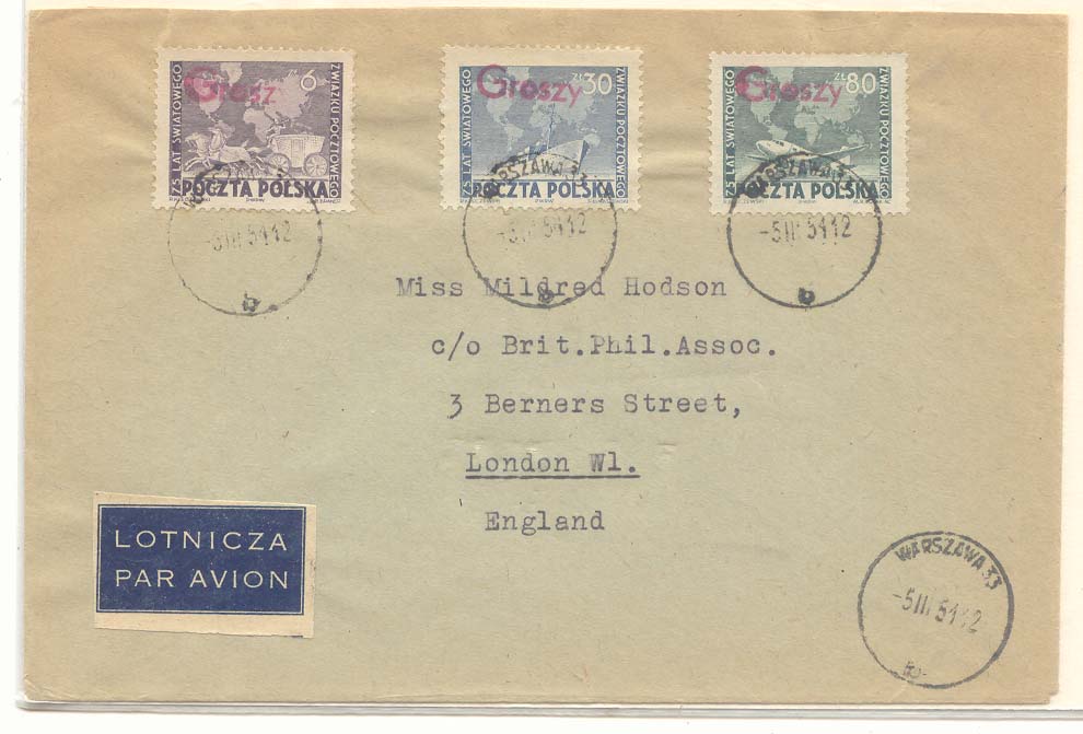 Poland 1951 UPU issue of 1949 with monetary reform overptint Groszy Scarce postally used on cover
