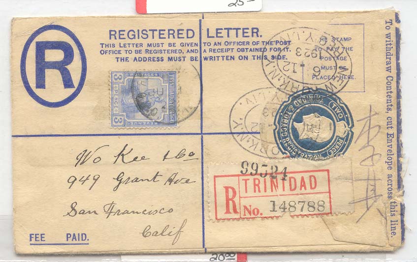 Trinidad & Tobago 1923 registered stationay to California