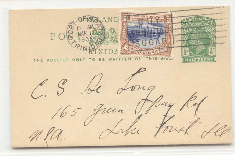 Trinidad & Tobago 1936 postal card used to US