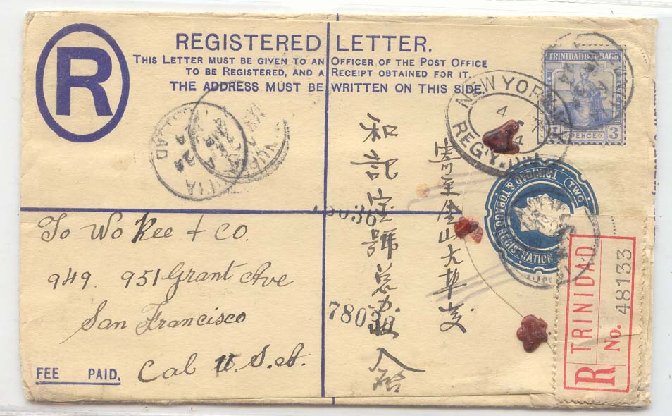 Trinidad & Tobago 1924 registered stationay to San Fransisco Chinese marchants