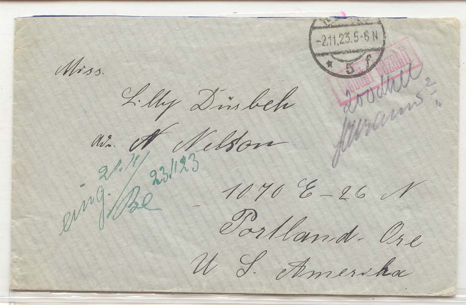 Allemagne 1923 Germany inflation period 22nd pd 5 days 5 million marks pour les USA (Weimar)