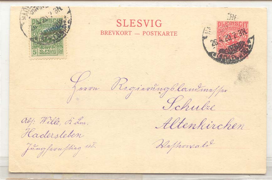 Germany Schlewig (Slesvig) Postal card Michel P2 used Hedersleben to Altenkirchen Scarce use