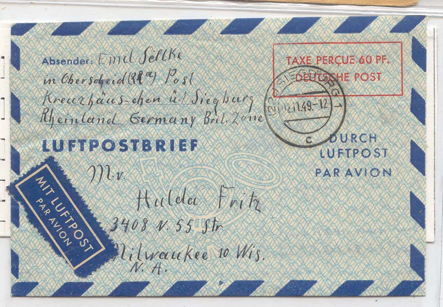 West Germany American zone LF4F Broken E Aerogram aerogramme 12 11 49 Scarce