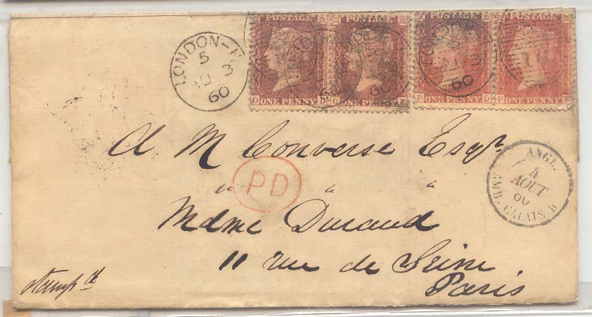 Great Britain 1860 cover with 2 strips of 2 of SG#17 London