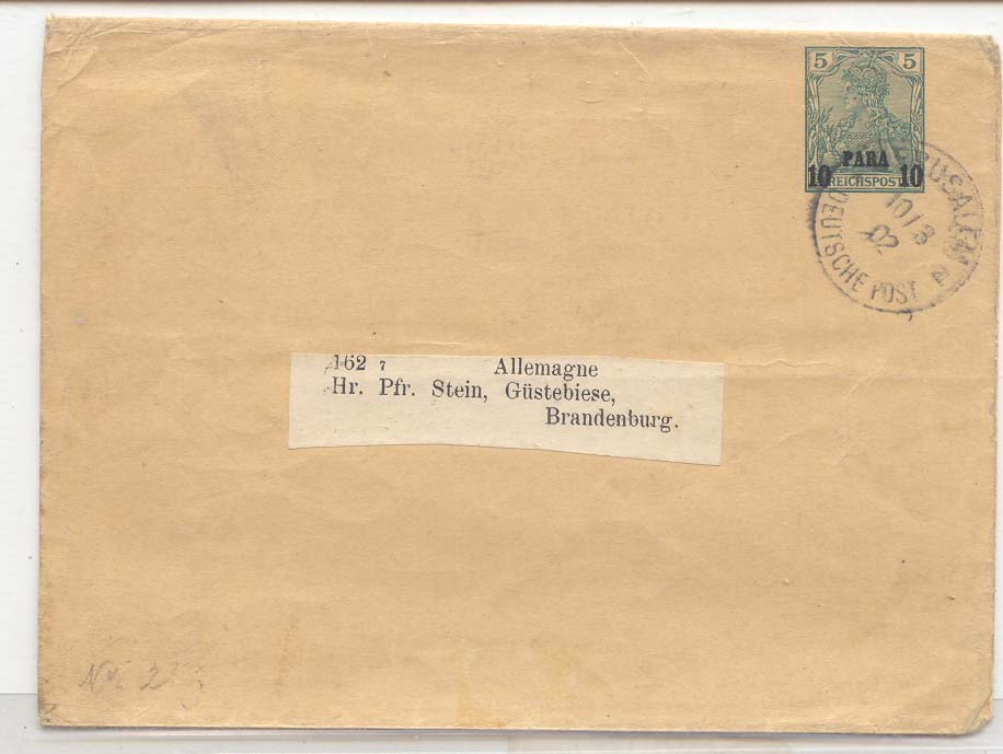 1902 Germann office in Turkey wrapper used to GErmany Jerusalem cds (Turquie)