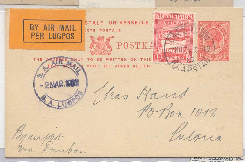 South Africa 1925 First Flight CapeTown Durban Pretoria Scarce (1er vol)