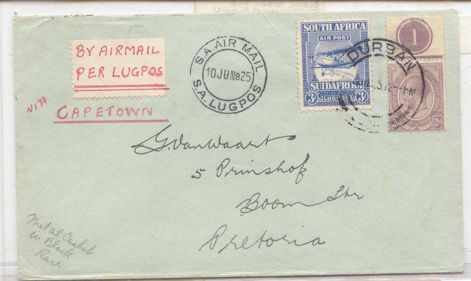 South Africa 1925 First Flight CapeTown Durban Pretoria Black steel die 'Durban only) Scarce (1er vol)