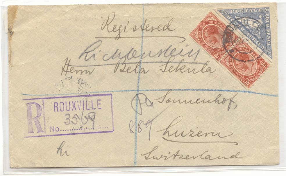 South Africa 1926 paste up colls on registered cover SCArCE Rouxville (afrique du sud)