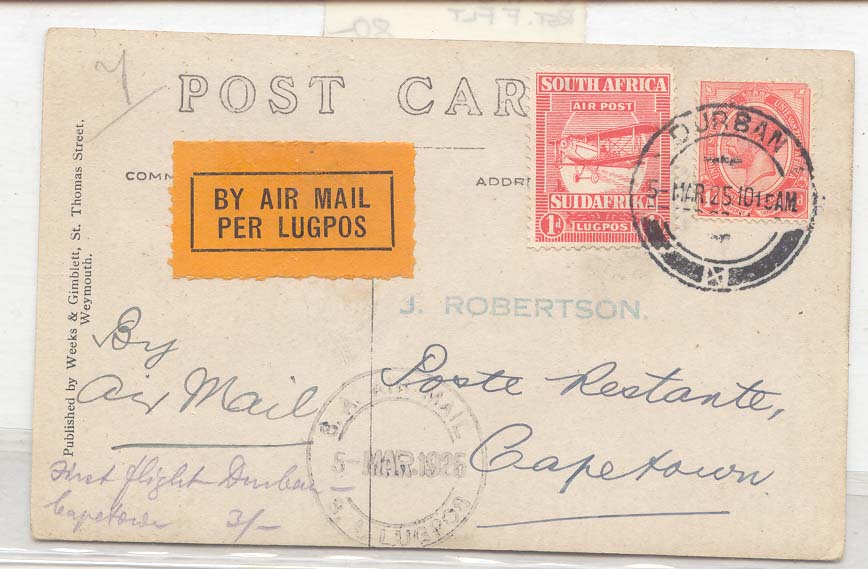 South Africa 1925 First Flight CapeTown Durban Pretoria on postcard Scarce (1er vol)
