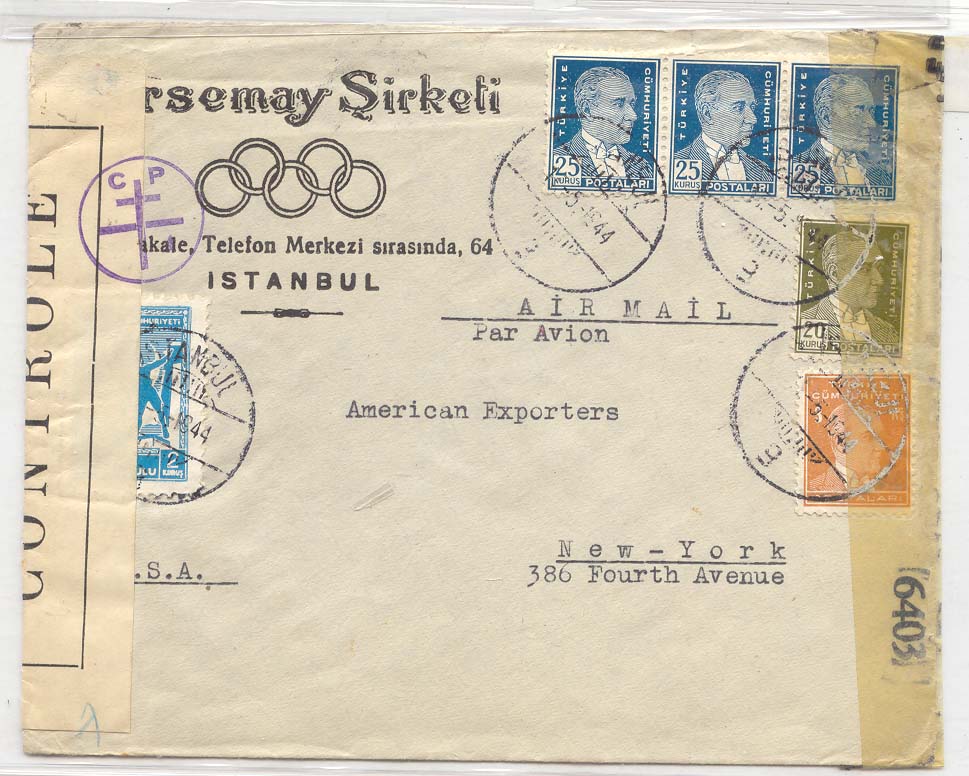 Turkey 1944 with French Levant censor (Lebanon & Syria) Very scarce (Turquie lettre cover Anneaux olympiques olympics