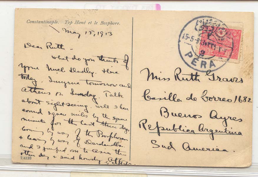 Turkey 1913 Turkey to Argentina solo usage on Constantinople postcard (Turquie CPA )