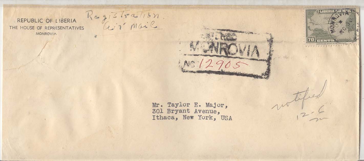 Liberia 1948 registered air mail solo use of C43 closed tear at left corner (lettre cover)