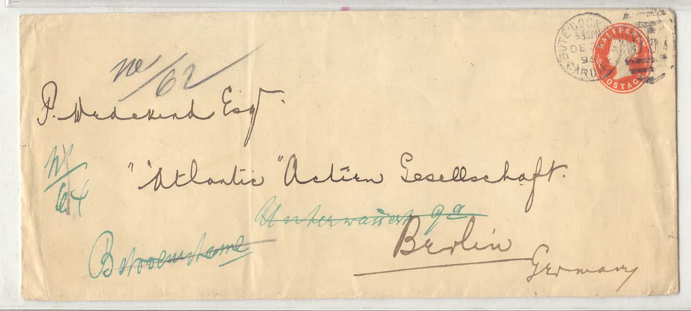 Great Britain U 13 with Butedock Cardiff D57 cds 1895 (entier postal stationary)