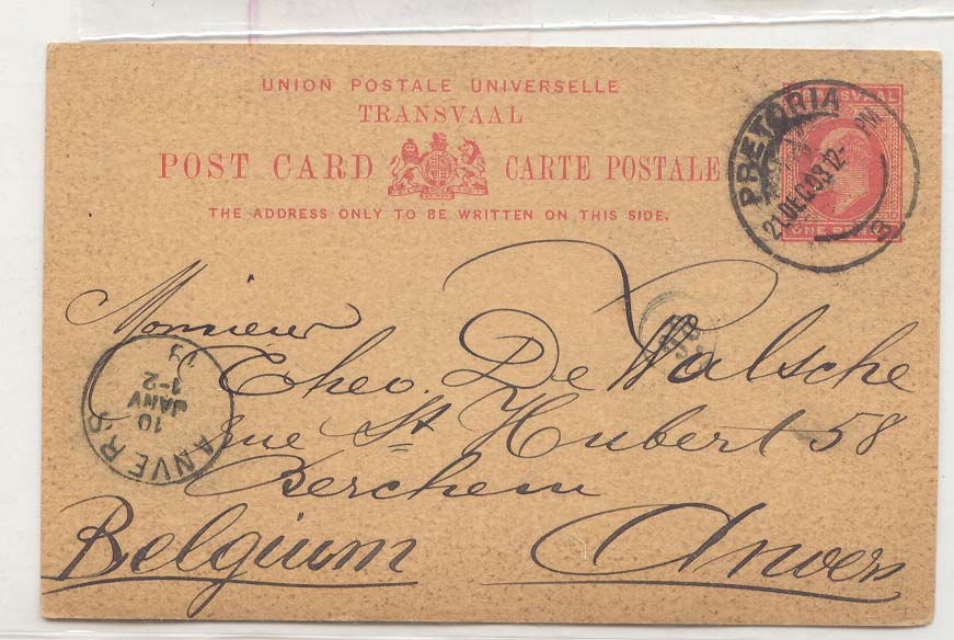 Afrique du Sud Transvaal 1903 #12 to Belgium (Afrique du Sud entier postal)