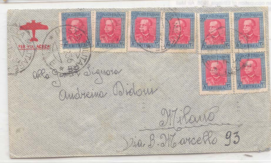 Italy Italian occupation of Ethipia 1936 Air mail to Milan Nice multiple of the 20ct stamp (lettre cover Eritrea)