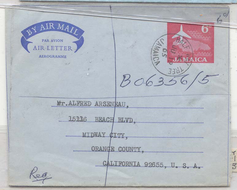Jamaica 1965 AlS registered to the US with added adhesives on aerogram aerogramme (jamaique entier postal stationary)