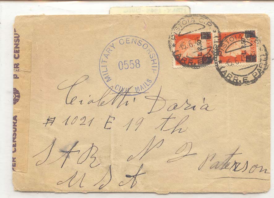 Italia Italy 1945 civil censor by US military government (censor lettre cover)